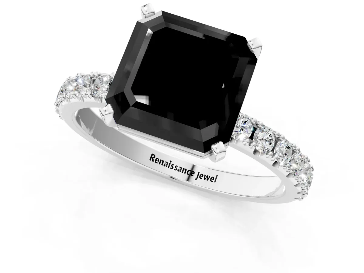 Fancy Black Asscher Cut Diamond Solitaire Pavé Band with Four-Prong Setting Platinum