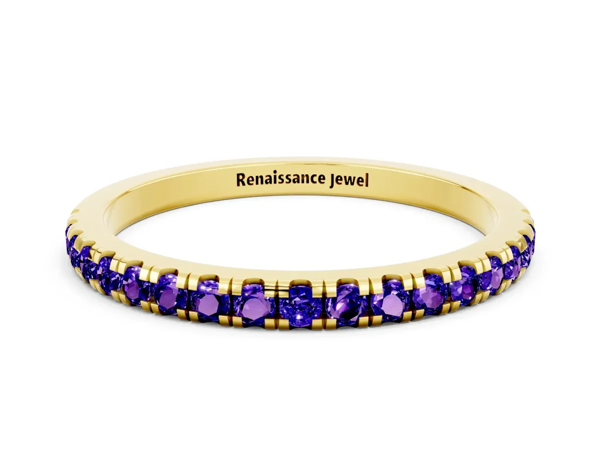Pavé Round Tanzanite Half Eternity Band with Shared Prong Setting Yellow gold