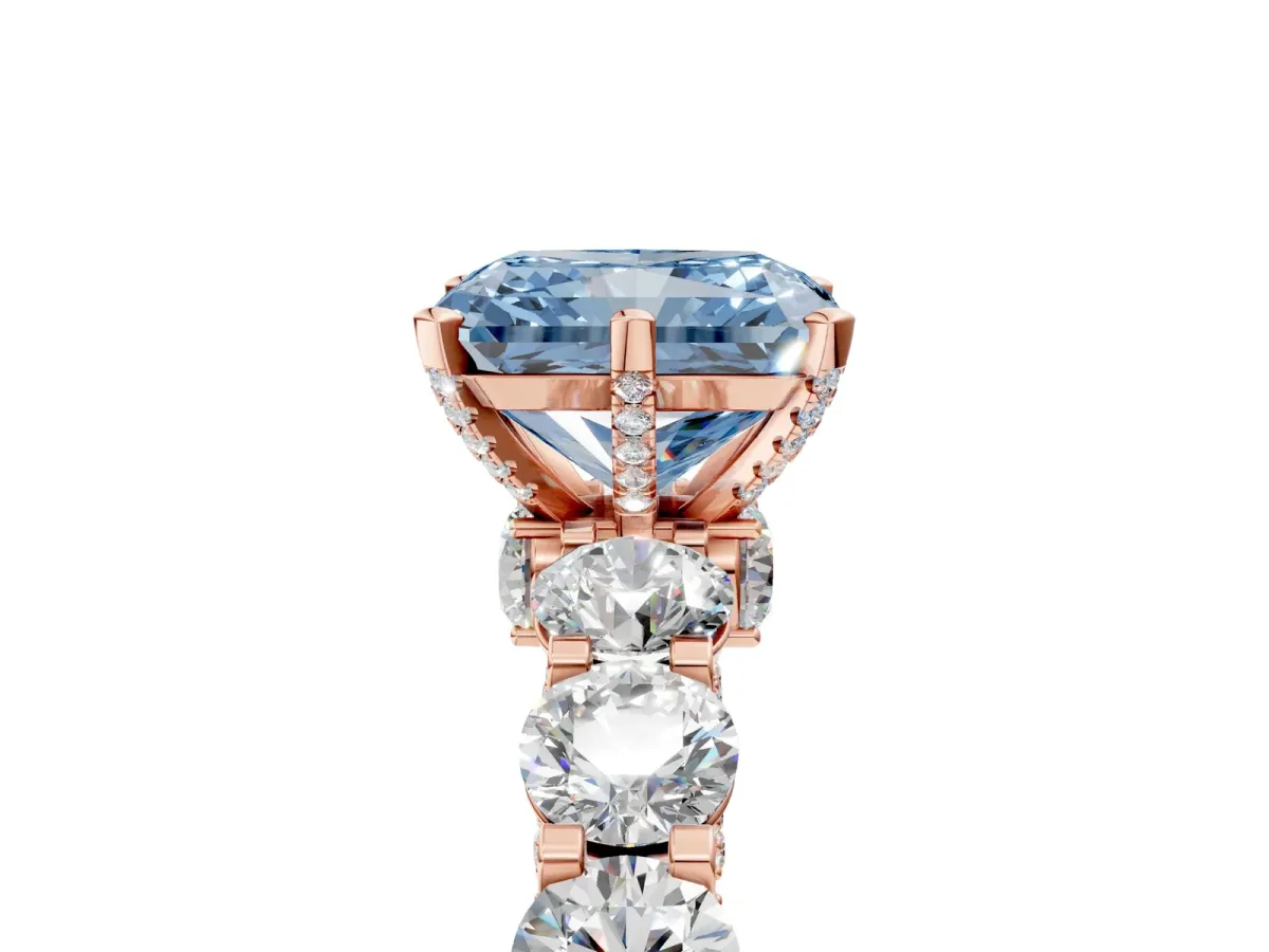 Fancy Blue Radiant Cut Diamond Side Stone Engagement Ring with Four-Prong Setting Rose gold