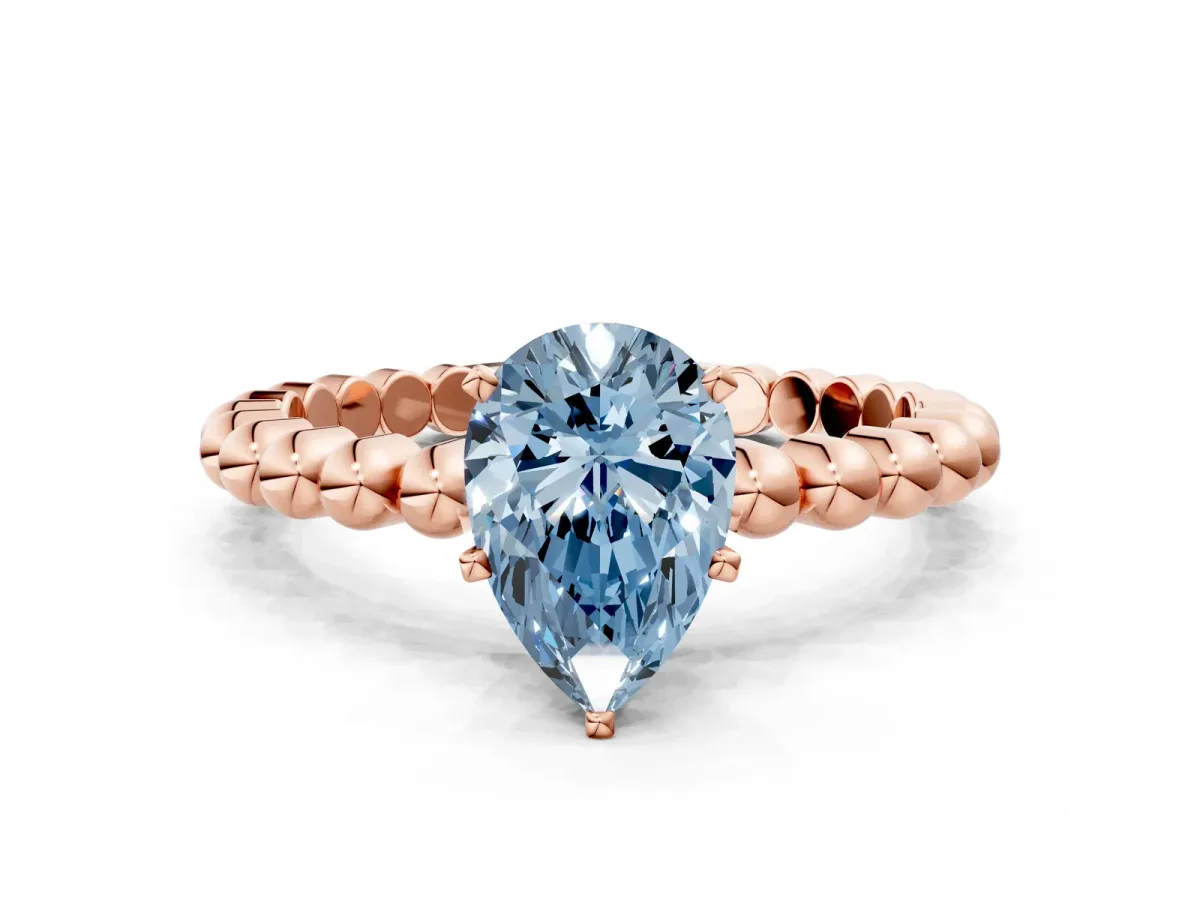 Fancy Blue Pear Cut Diamond Solitaire Ring with Beaded Band and Prong Setting Rose gold