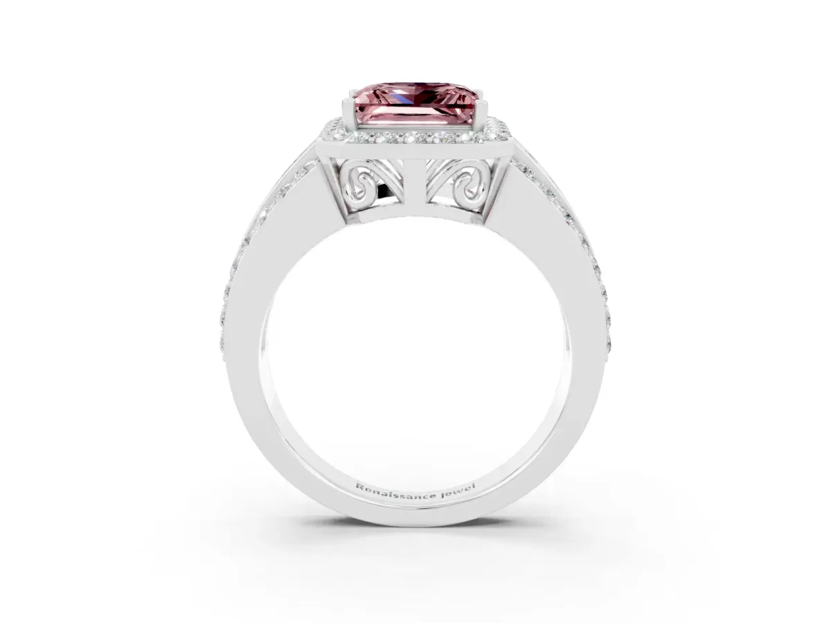 Princess Cut Halo Morganite Ring with Round Split Shank and Prong Setting Silver