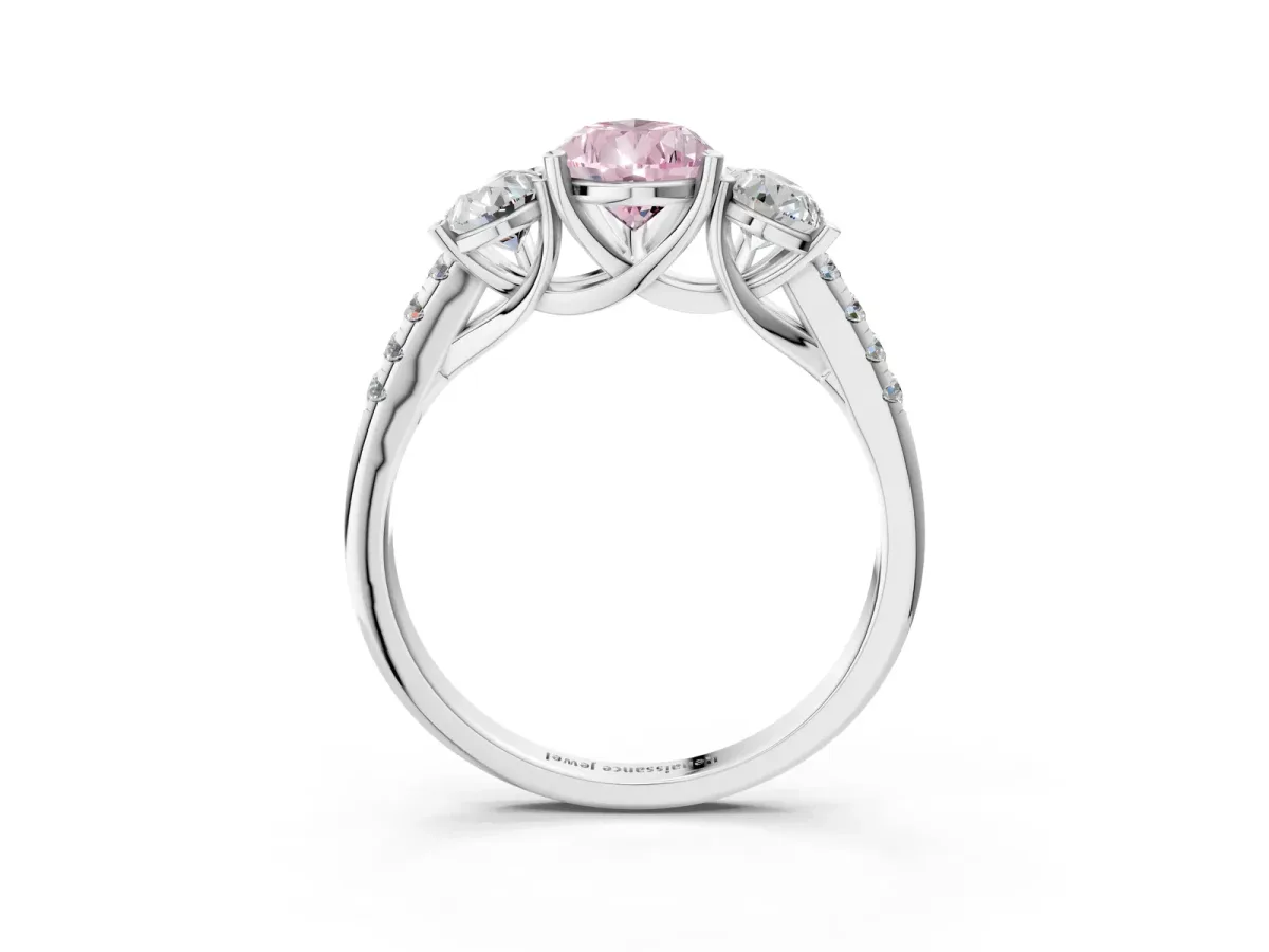 Fancy Pink Three-Stone Pear Cut Diamond Ring with Round Pavé Band and Prong Setting Silver