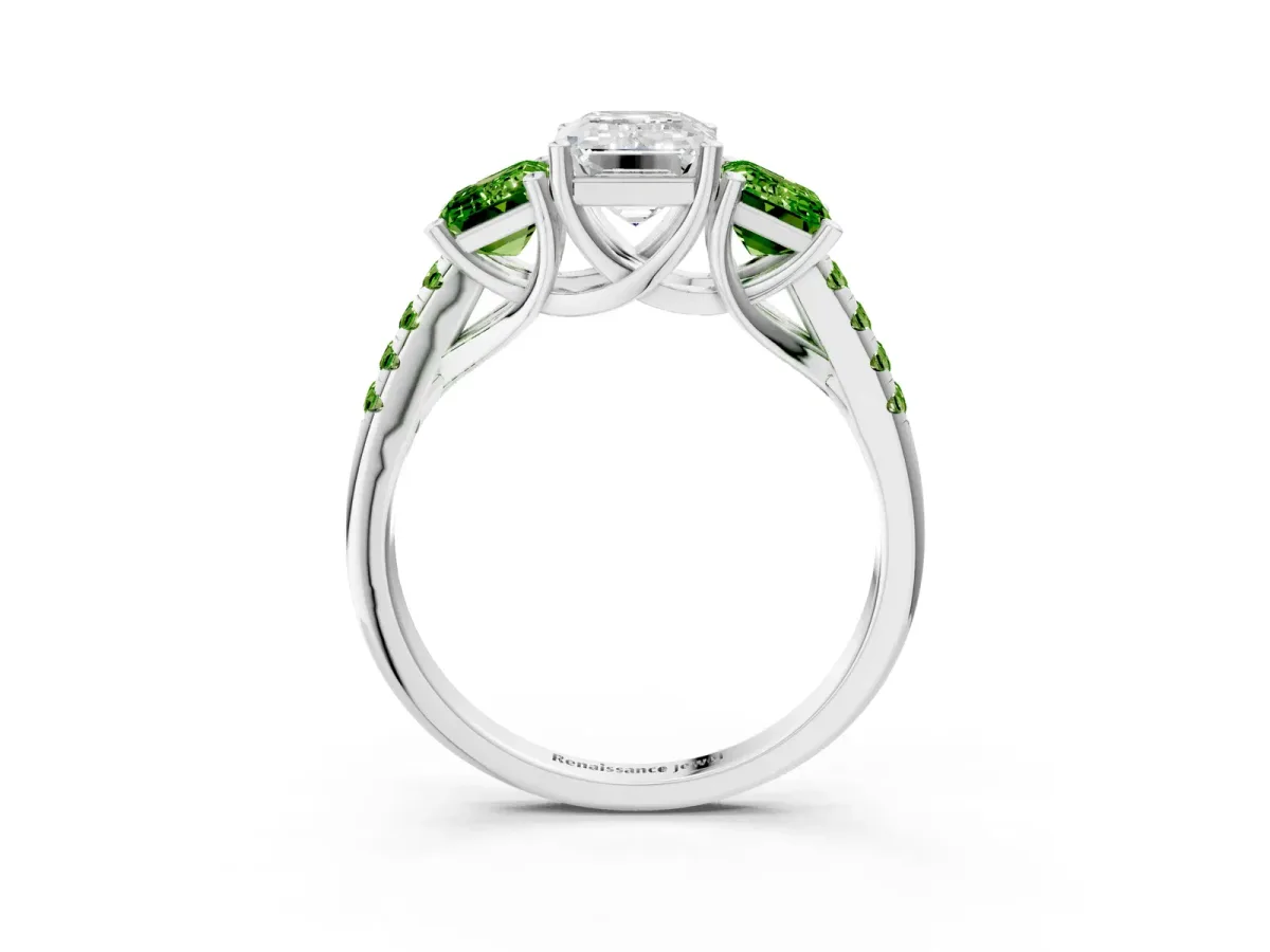 Three-Stone Emerald Cut Diamond Ring with Round Peridot Pavé Band and Prong Setting Platinum