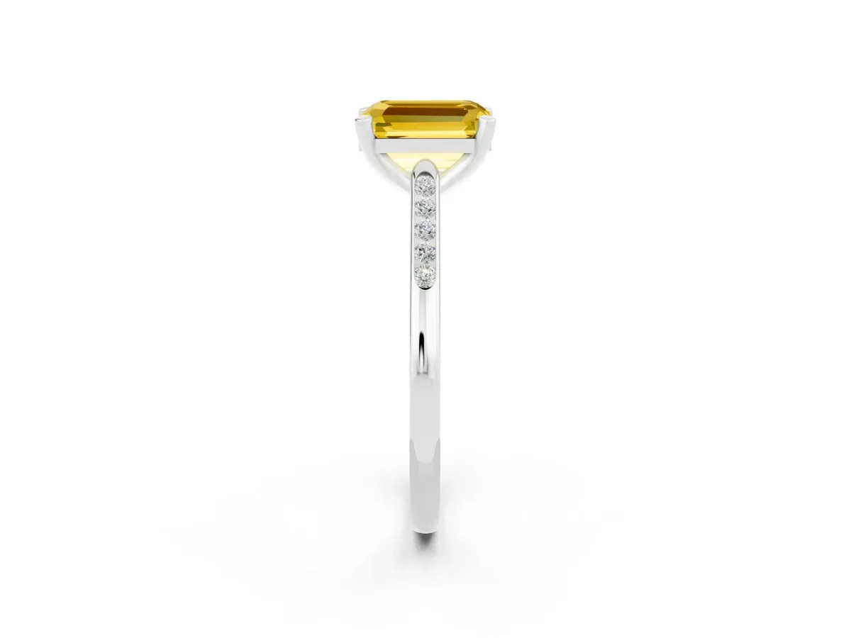 Emerald Cut Yellow Sapphire Solitaire Ring with Channel Set Round Band and Prong Setting Silver