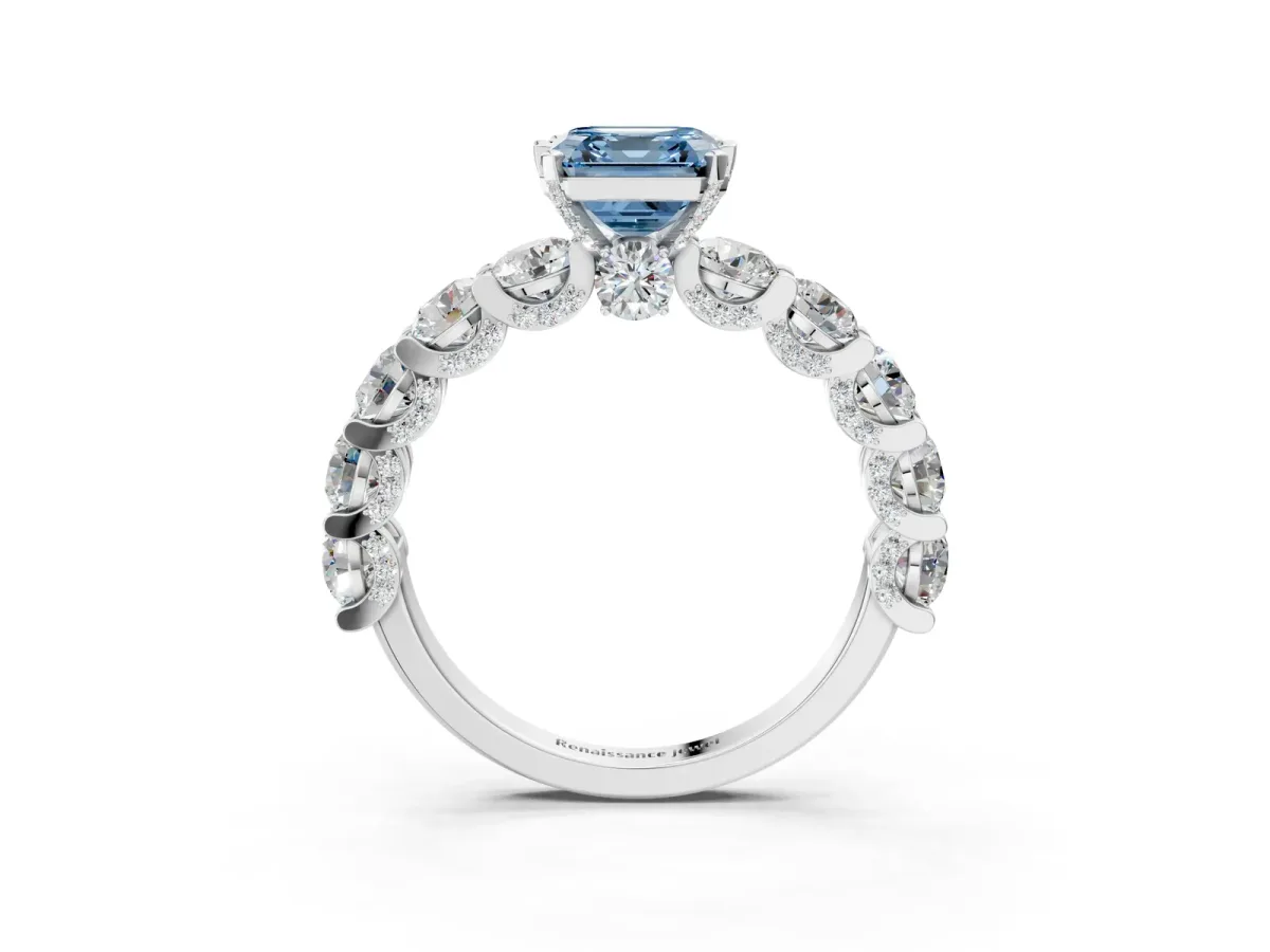 Fancy Blue Asscher Cut Diamond Side Stone Engagement Ring with Four-Prong Setting White gold