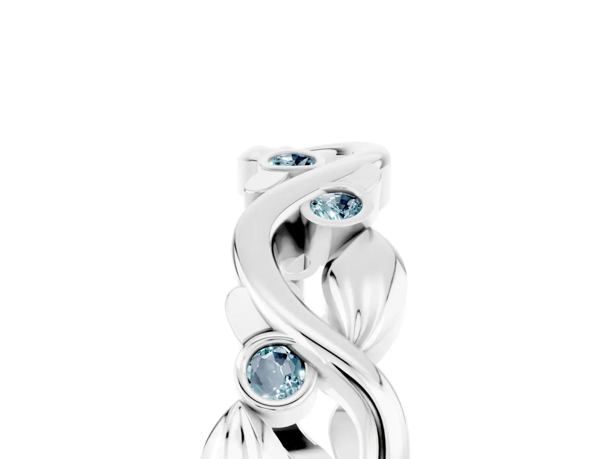 Round Aquamarine Leaf Eternity Band with Bezel Setting White gold