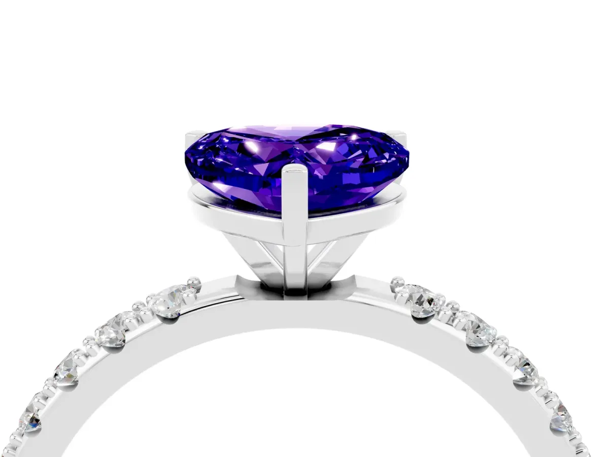 Heart Cut Tanzanite Solitaire Pavé Band with Four-Prong Setting Silver