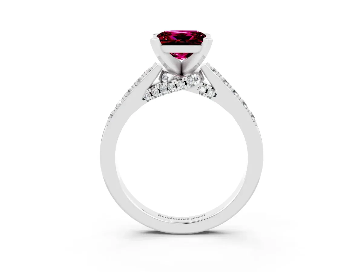 Princess Cut Garnet Solitaire Ring with Crossover Gallery and Round Pavé Band Silver
