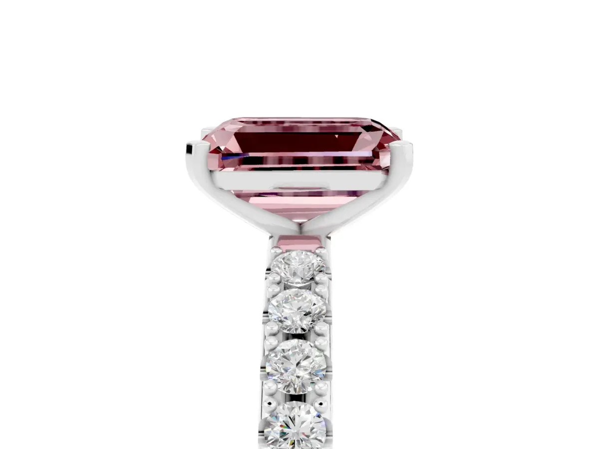 Emerald Cut Morganite Solitaire Pavé Band with Four-Prong Setting Platinum