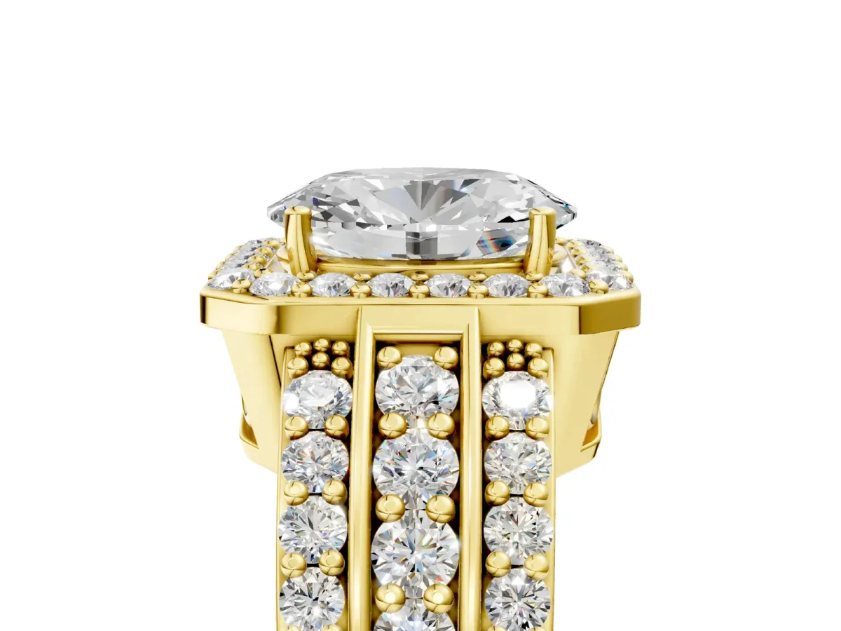 Oval Cut Halo Diamond Ring with Round Split Shank and Prong Setting Yellow gold