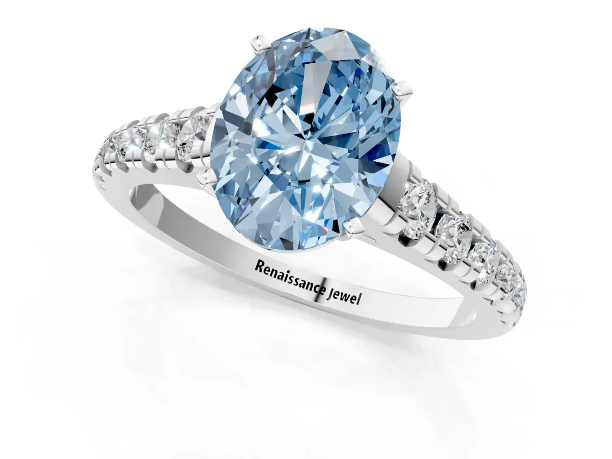 Fancy Blue Oval Cut Diamond Cathedral Solitaire Ring with Round Pavé Band Silver