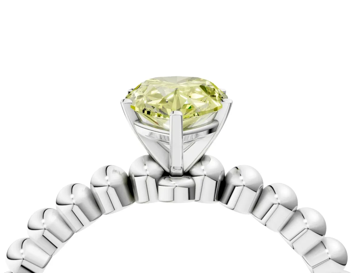 Fancy Yellow Pear Cut Diamond Solitaire Ring with Beaded Band and Prong Setting Silver
