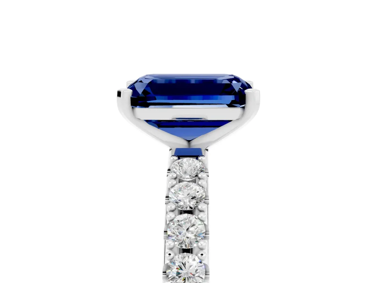 Emerald Cut Blue Sapphire Solitaire Pavé Band with Four-Prong Setting Silver
