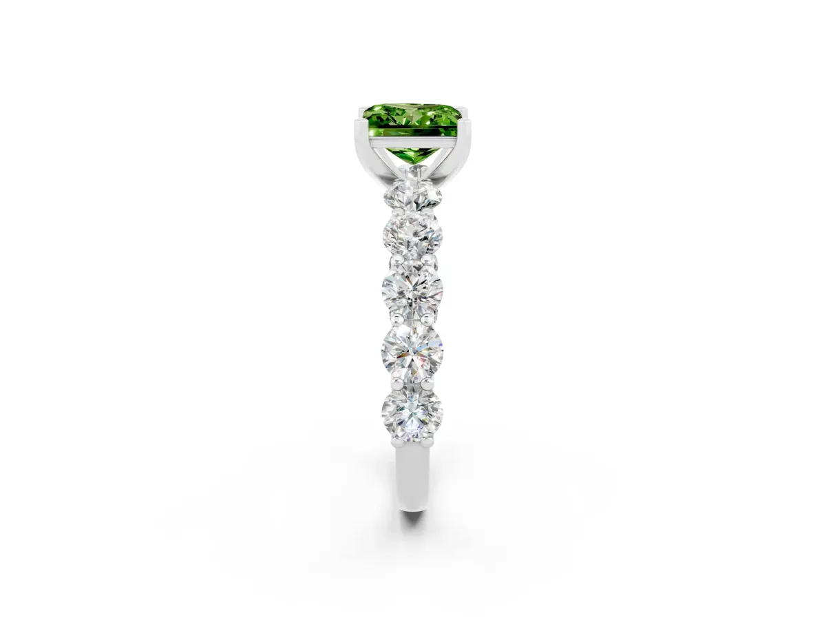 Princess Cut Peridot Prong Setting with Side Stones on a Pave Band Silver