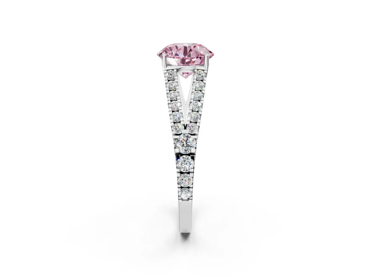 Fancy Pink Round Cut Diamond Split Shank Engagement Ring with Round Pavé and Prong Setting Platinum