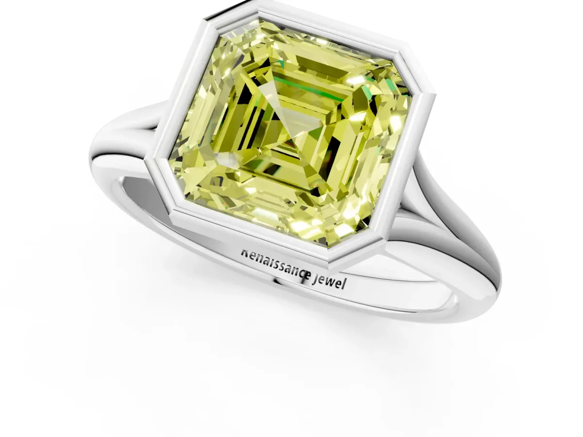 Fancy Yellow Bezel Set Asscher Cut Solitaire Diamond Ring with Smooth Band Platinum