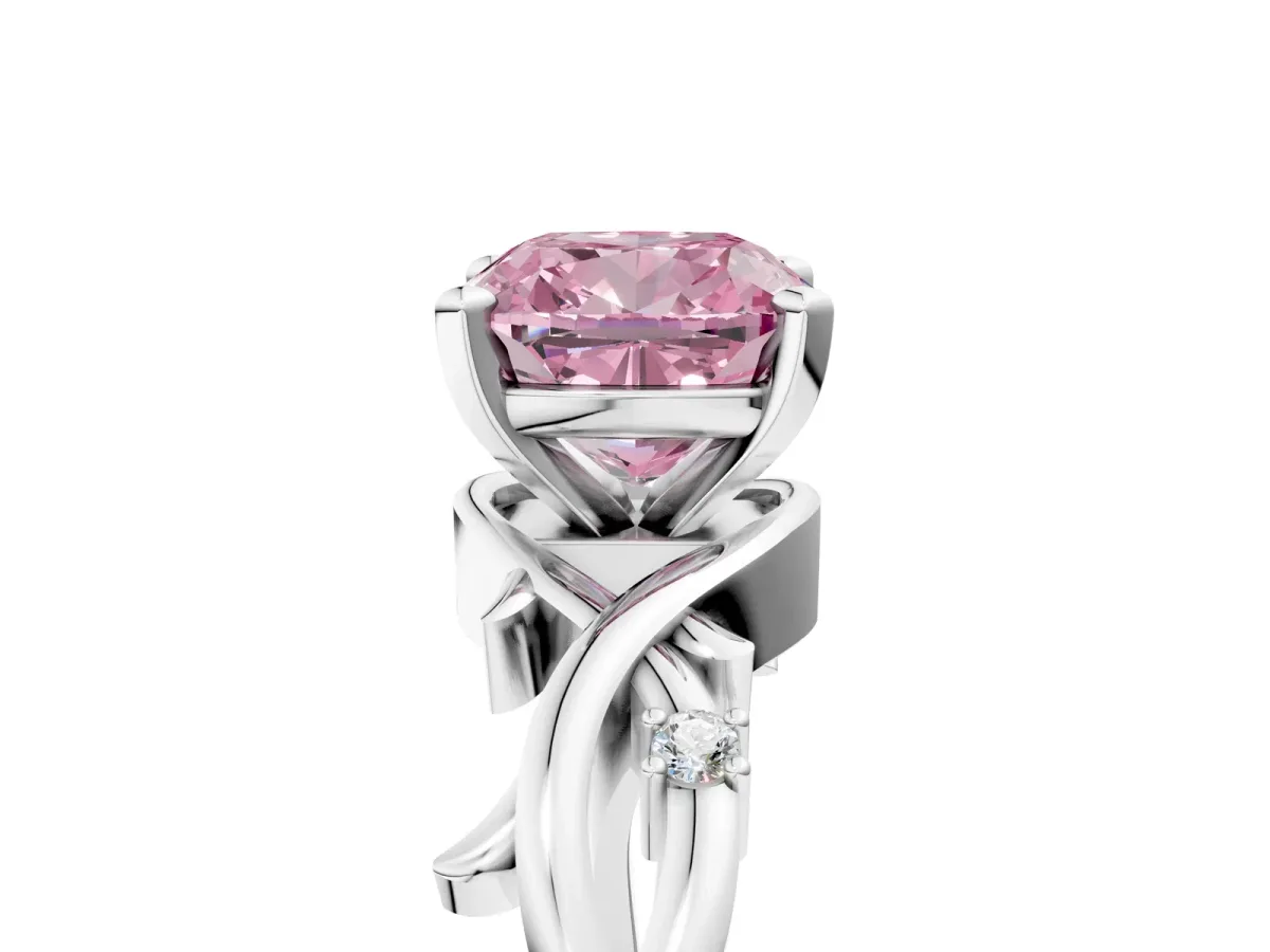 Fancy Pink Cushion Cut Diamond Solitaire Ring with Twisted Band and Prong Setting Silver