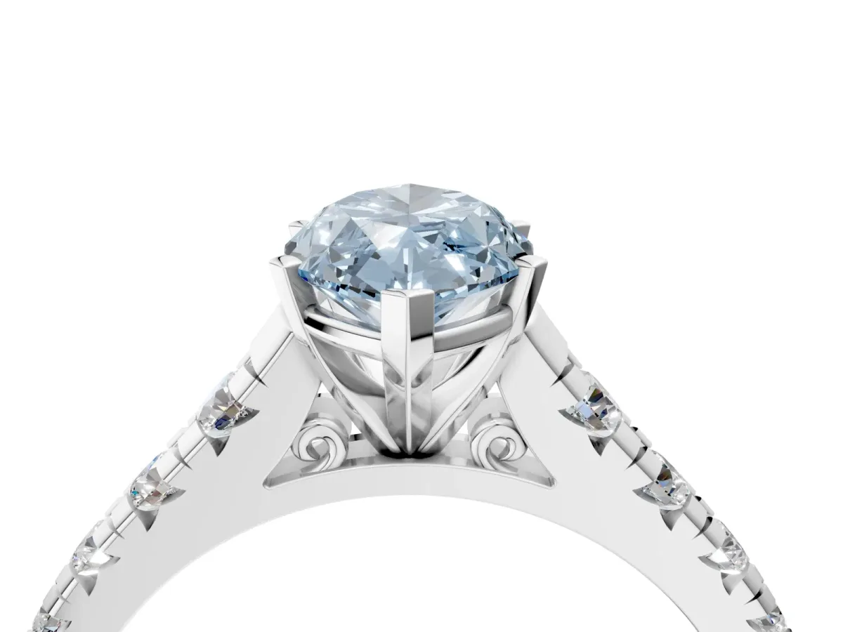Fancy Blue Marquise Cut Diamond Cathedral Solitaire Ring with Round Pavé Band Silver