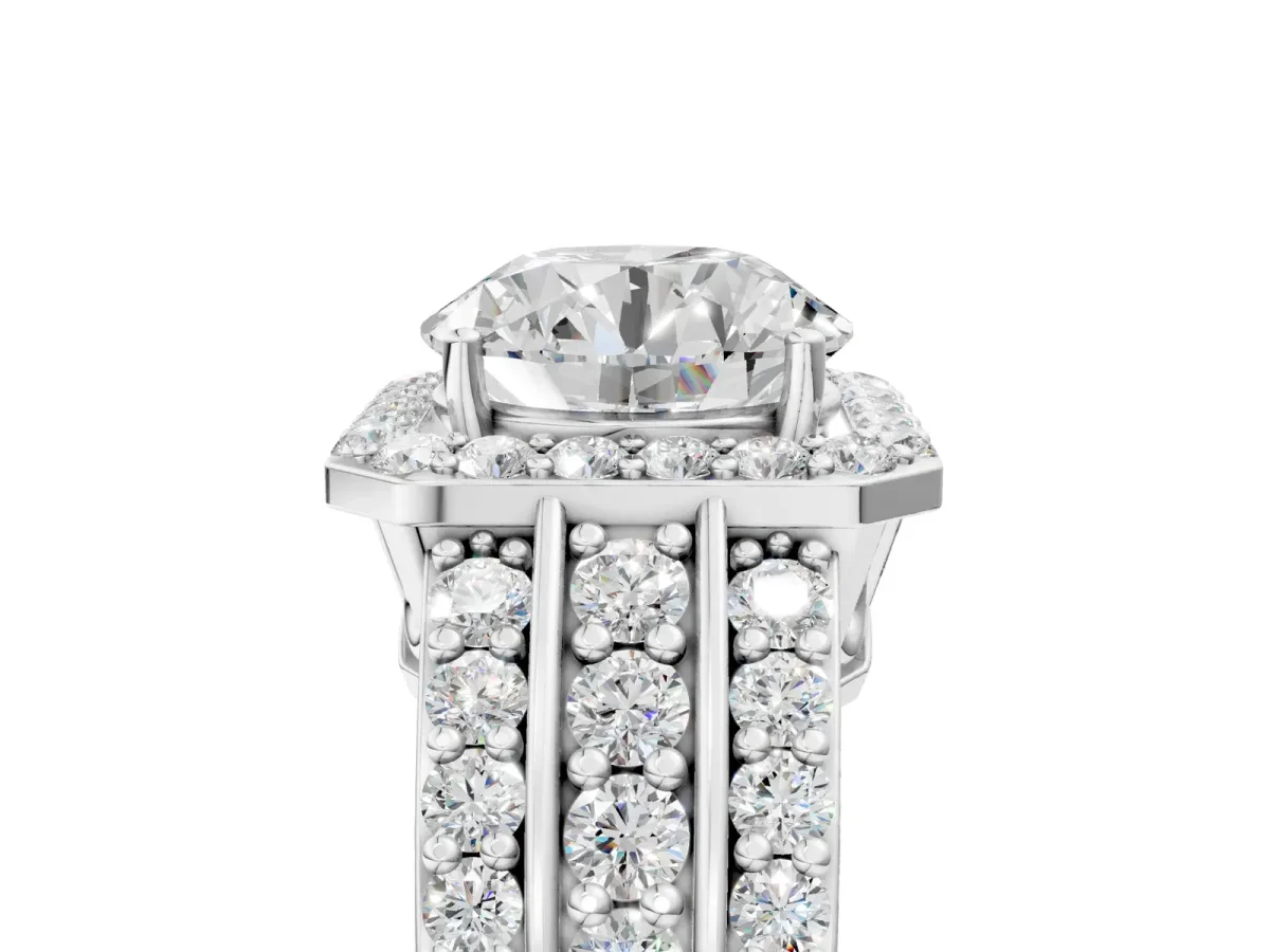 Round Cut Halo Diamond Ring with Round Moissanite Split Shank and Prong Setting Platinum