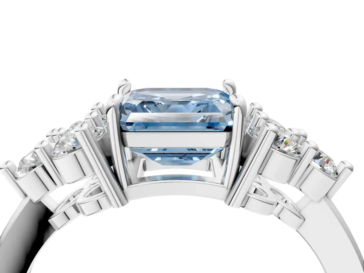 Fancy Blue Asscher Cut Brilliant Diamond Cluster Accent Solitaire Ring with Prong Setting Platinum