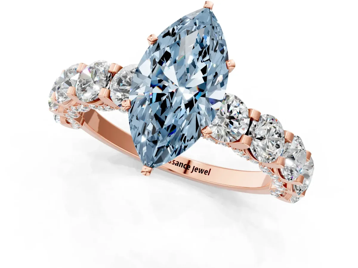 Fancy Blue Marquise Cut Diamond Side Stone Engagement Ring with Four-Prong Setting Rose gold
