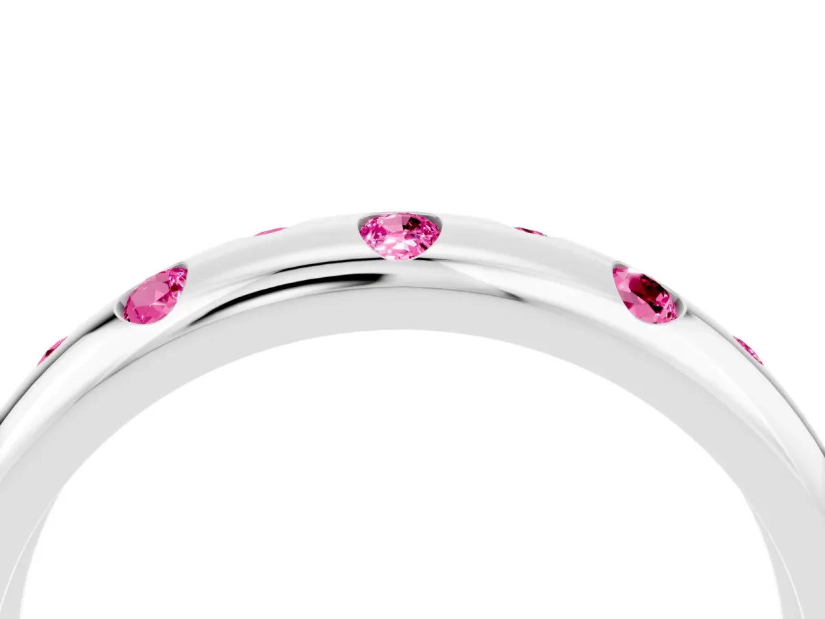 Round Pink Sapphire Flush-Set Comfort Fit Band Silver