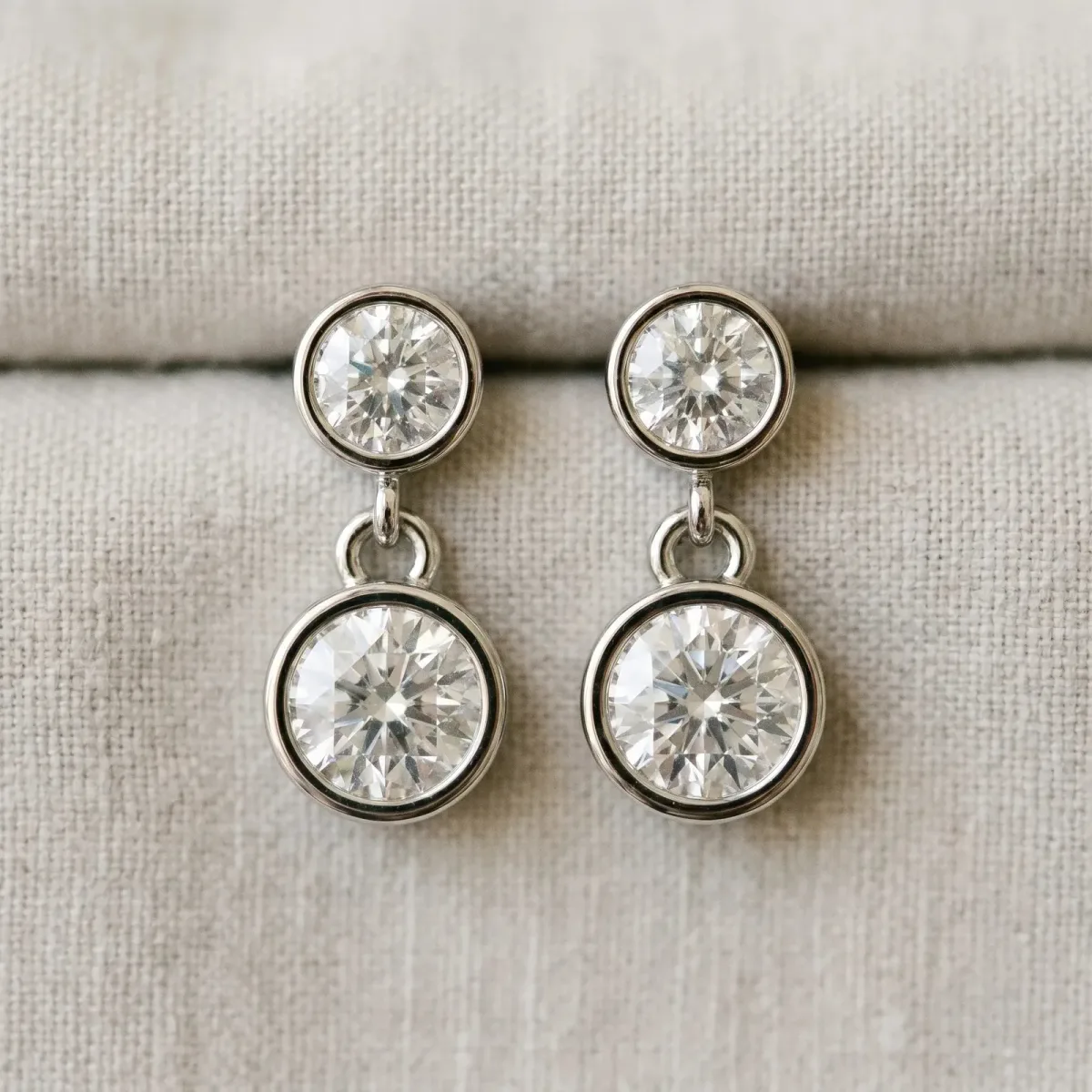 Bezel-Set Round Cut Drop Earrings with Post Back Silver