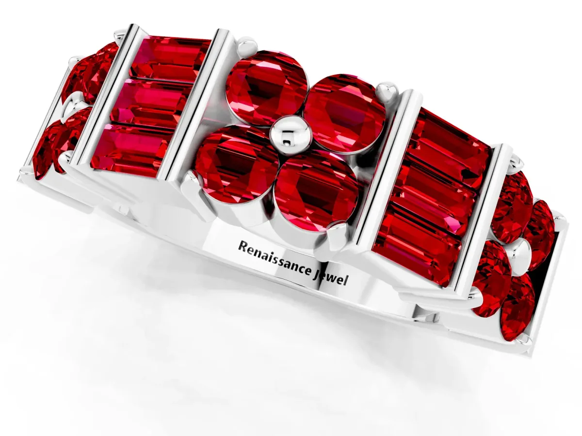 Channel Set Round and Baguette Ruby Anniversary Band with Prong Setting White gold