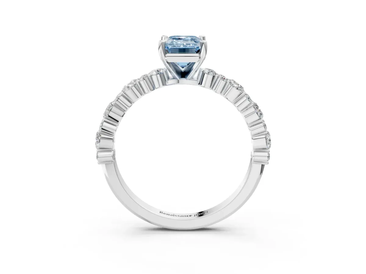 Fancy Blue Emerald Cut Diamond Side Stone Solitaire Ring with Round and Four-Prong Setting Platinum