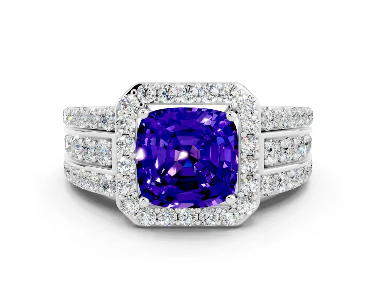 Cushion Cut Halo Tanzanite Ring with Round Split Shank and Prong Setting Silver
