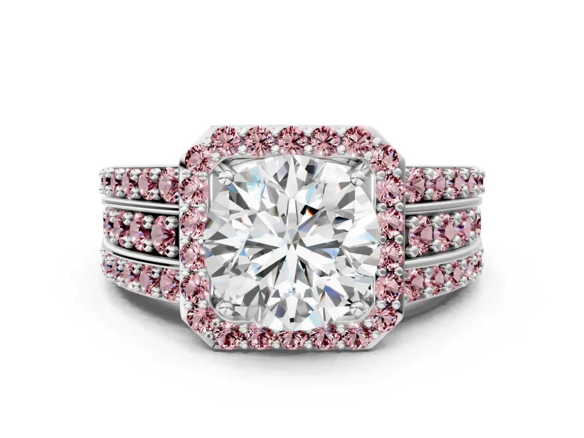 Round Cut Halo Diamond Ring with Round Morganite Split Shank and Prong Setting Silver