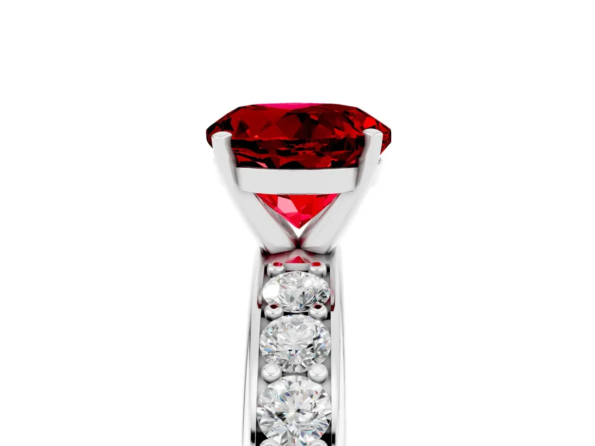 Round Cut Ruby Engagement Ring with Channel Set Round Band and Prong Setting White gold