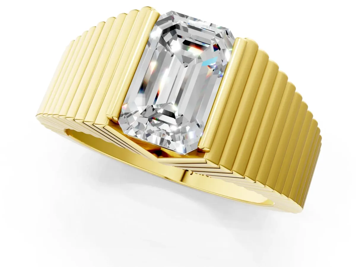 Emerald Cut Diamond Fluted Mens Ring Yellow gold