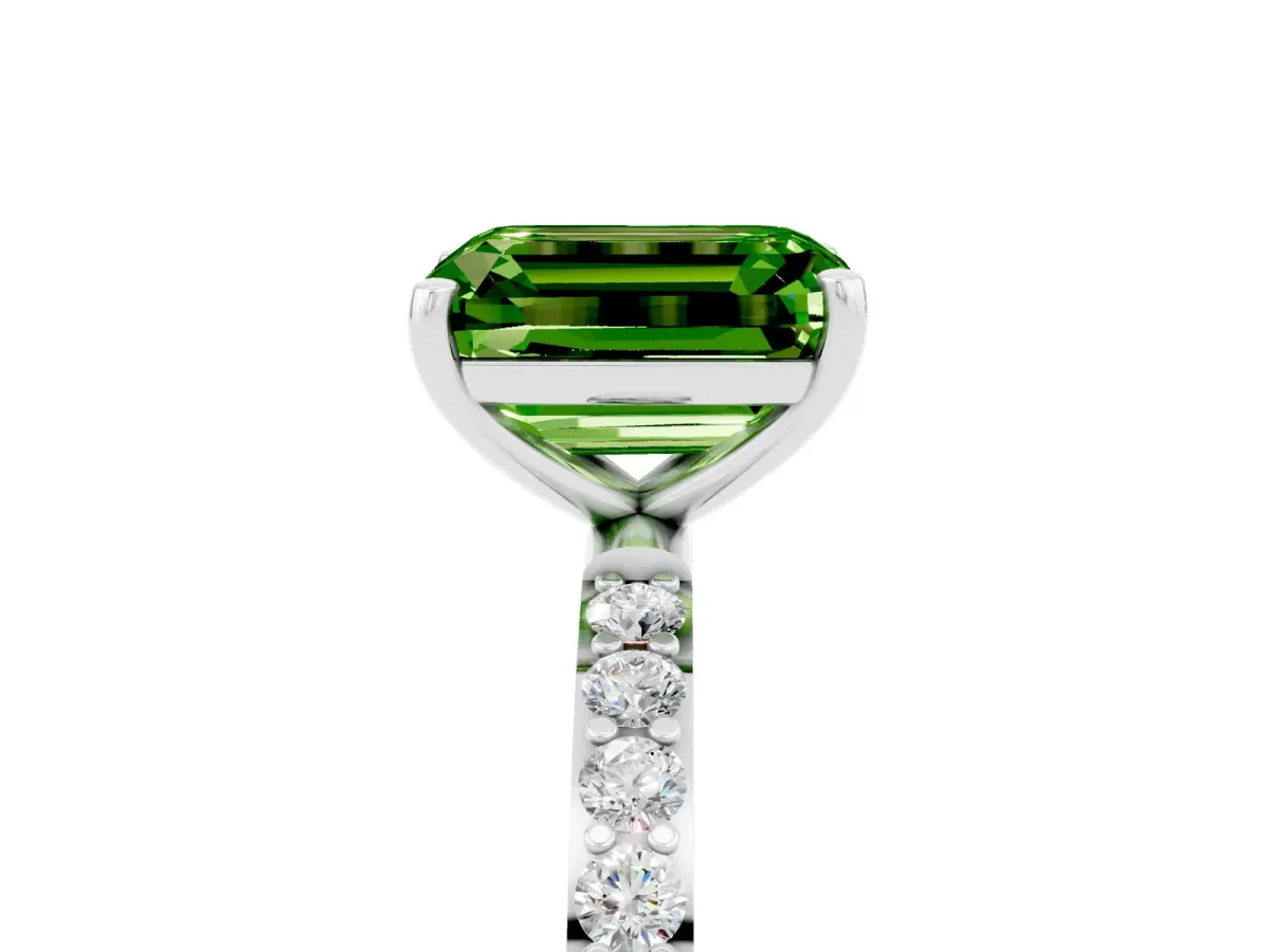 Emerald Cut Peridot Solitaire Ring with Round Pavé Band and Prong Setting Platinum