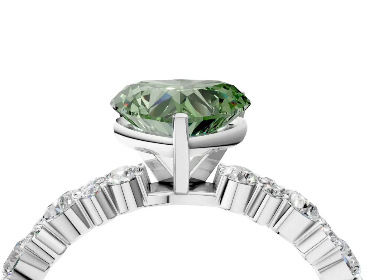 Fancy Green Heart Cut Diamond Side Stone Solitaire Ring with Round and Four-Prong Setting Platinum