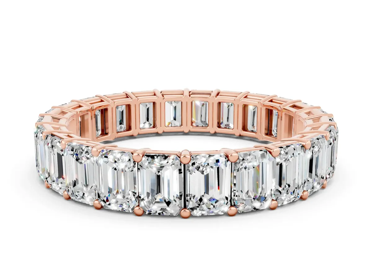 Emerald Cut Moissanite Eternity Band with Shared Prong Setting Rose gold