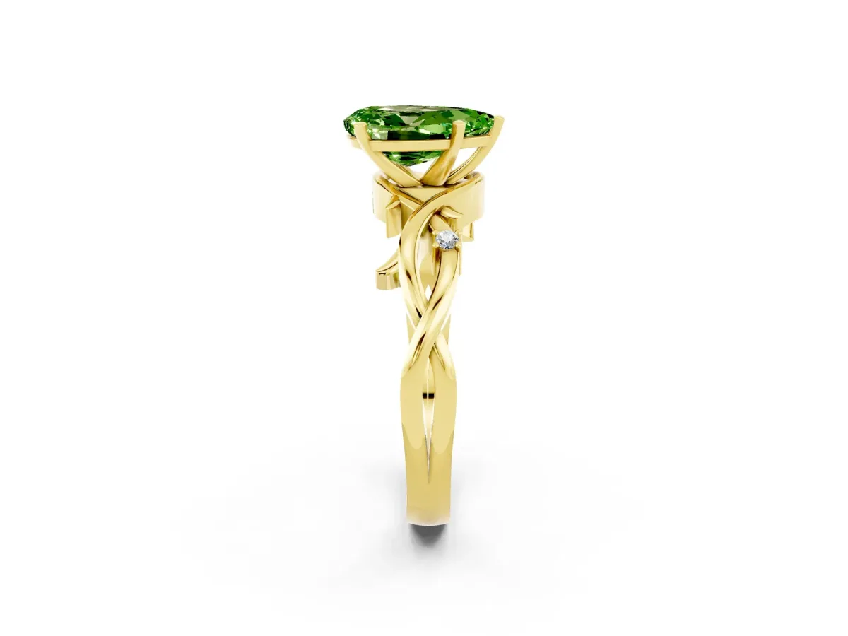 Pear Cut Peridot Solitaire Ring with Twisted Band and Prong Setting Yellow gold