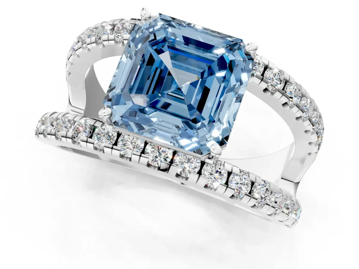 Fancy Blue Asscher Cut Solitaire Split Shank Pave Diamond Ring Platinum
