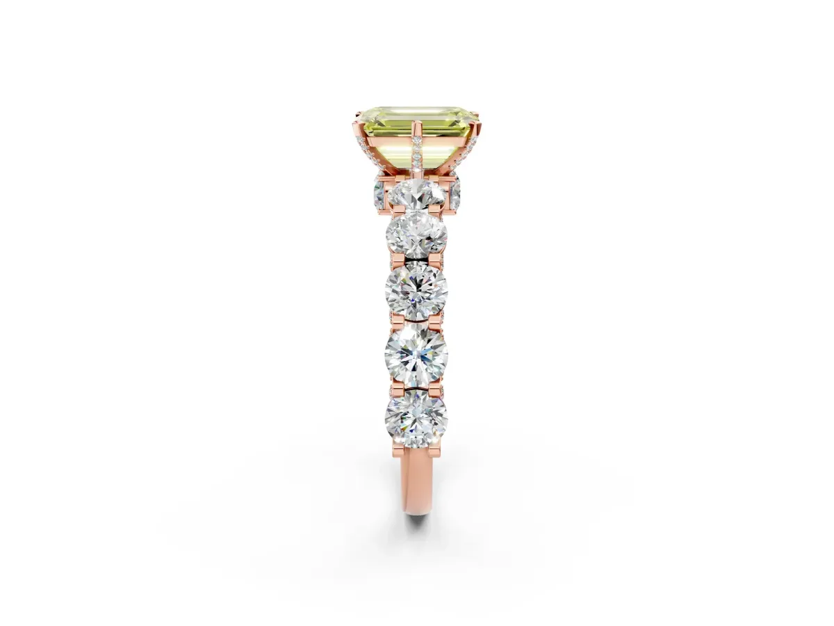 Fancy Yellow Emerald Cut Diamond Side Stone Engagement Ring with Four-Prong Setting Rose gold