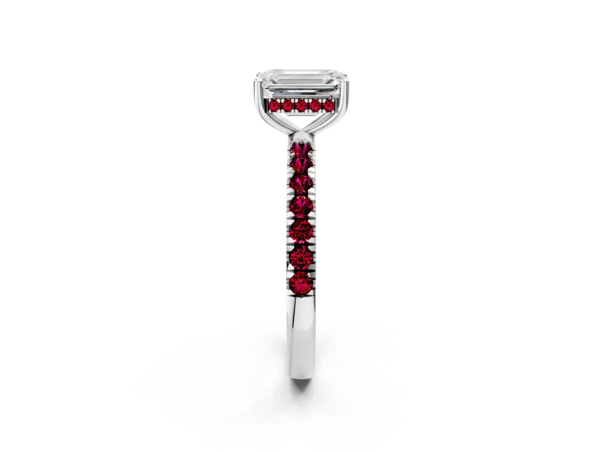 Emerald Cut Diamond Pave Band Solitaire Ring with Round Garnet and Prong Setting Platinum