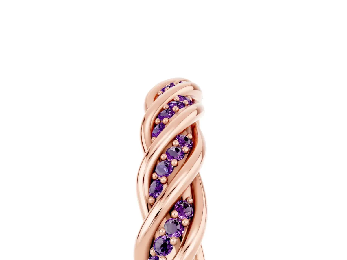 Twisted Pavé Round Amethyst Eternity Band with Shared Prong Setting Rose gold