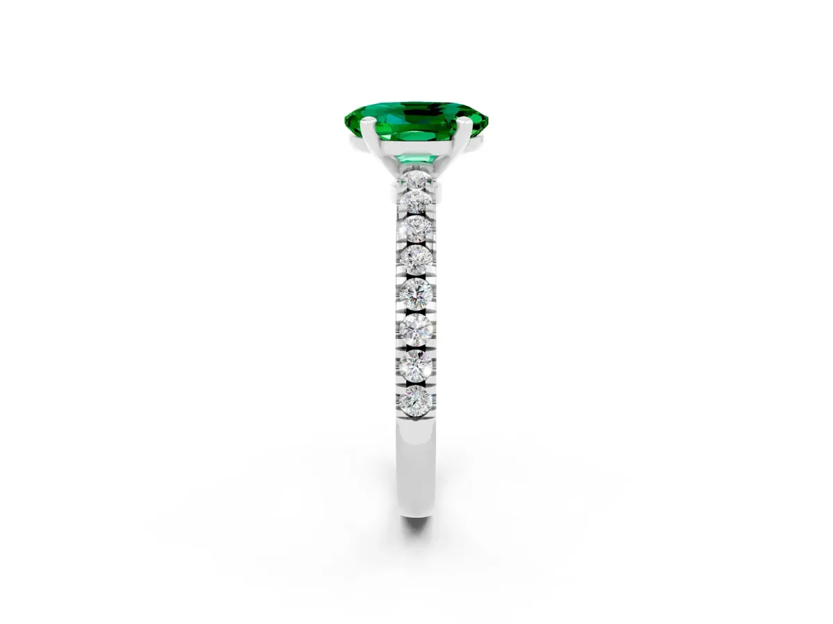 Oval Cut Solitaire Emerald with Pavé Band and Four-Prong Setting White gold