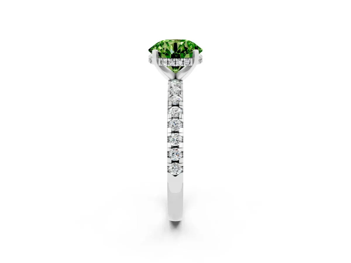 Round Cut Peridot Solitaire Ring with Round Pavé Band and Four-Prong Setting Silver
