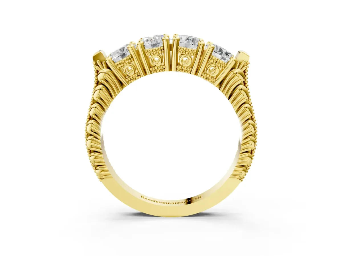 Five-Stone Round Diamond Shared Prong Milgrain Band Yellow gold