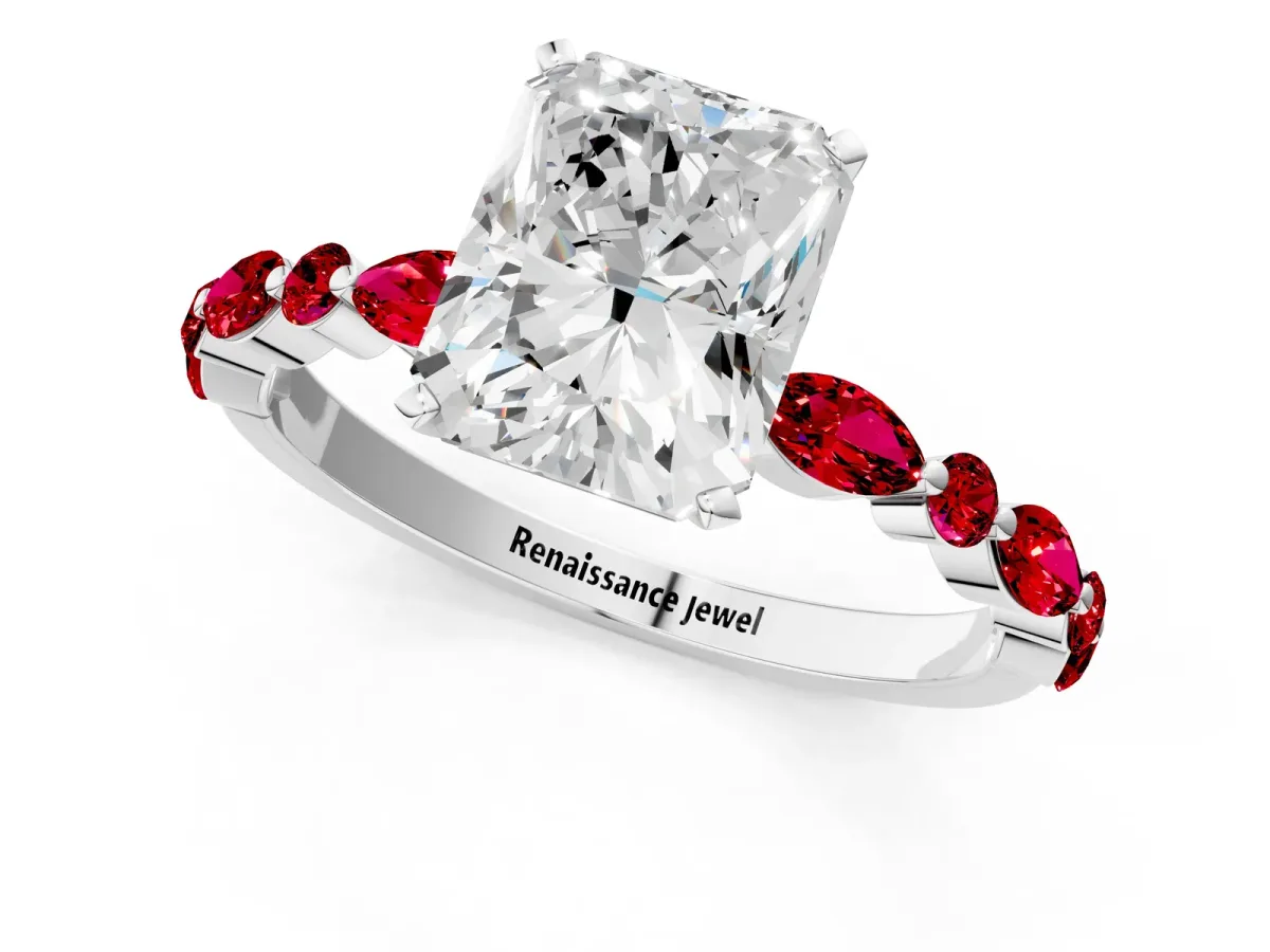 Radiant Cut Diamond Ring with Marquise and Round Ruby Side Stones and Four-Prong Setting Silver