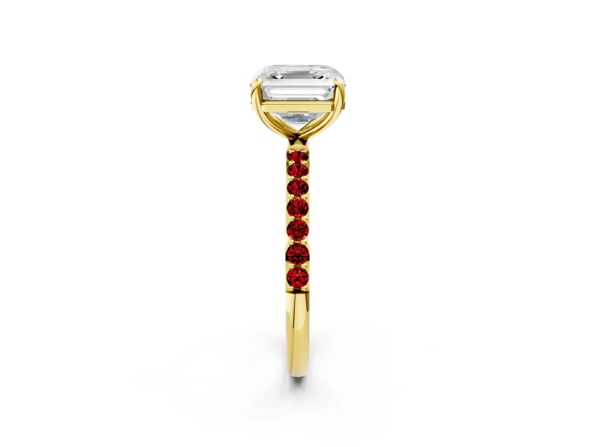 Asscher Cut Diamond Solitaire Ring with Round Ruby Pavé Band and Prong Setting Yellow gold
