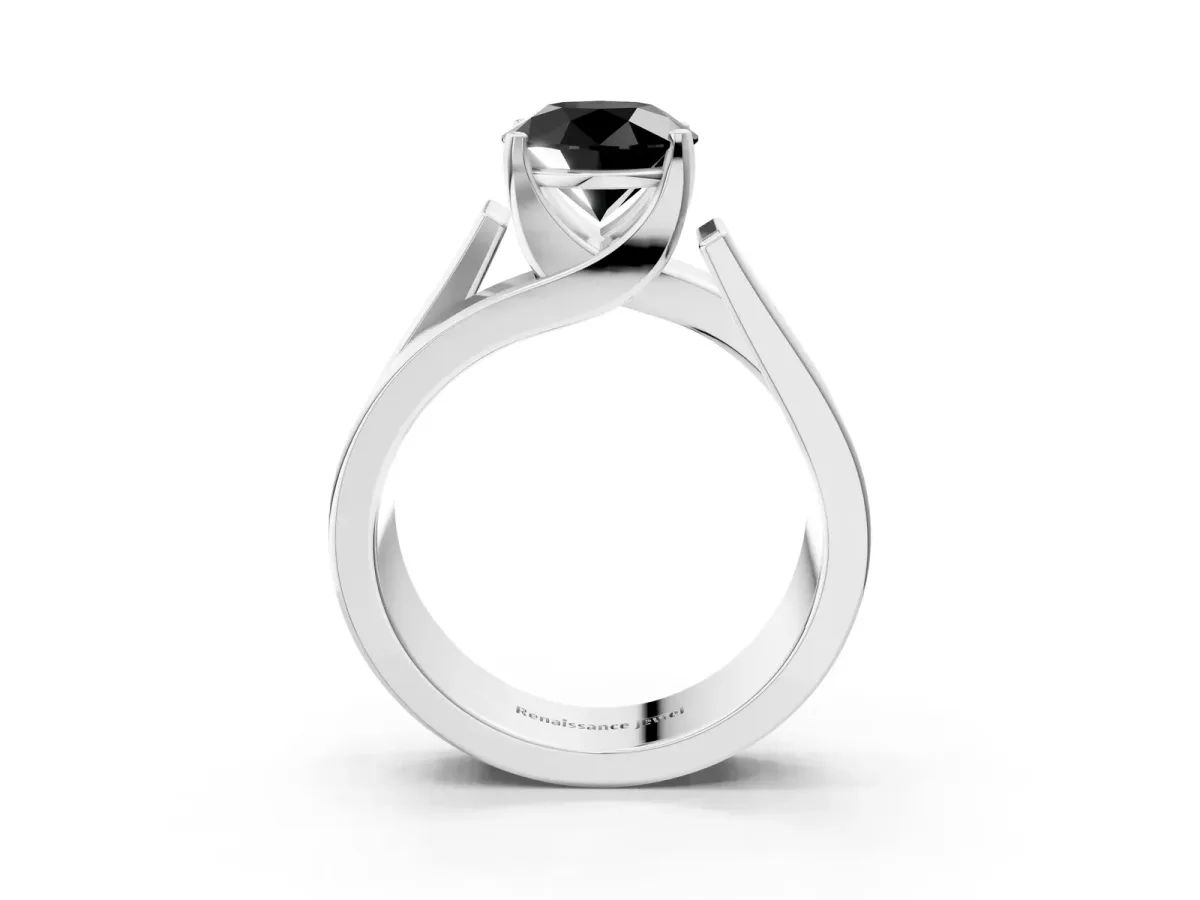 Fancy Black Modern Tension Set Round Cut Diamond Solitaire Wide Band Ring Platinum