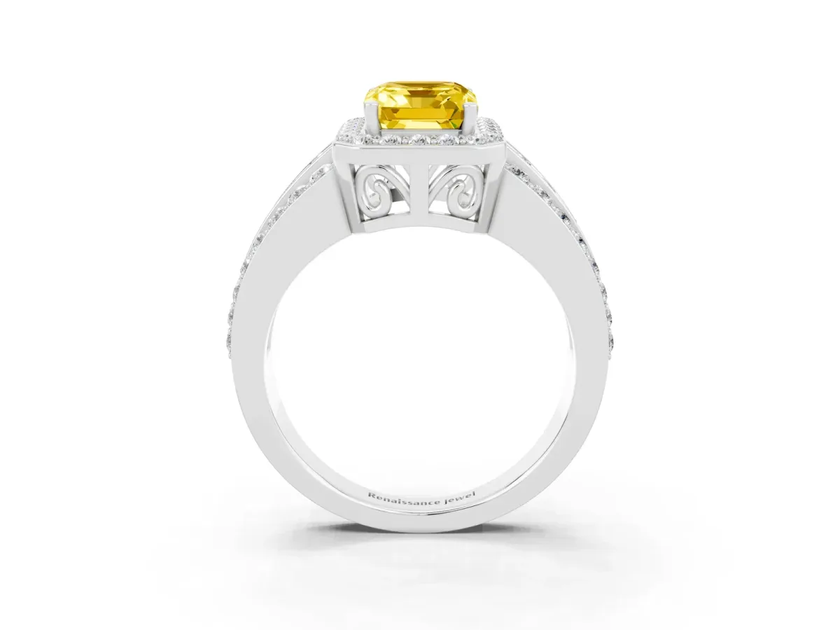 Emerald Cut Halo Yellow Sapphire Ring with Round Split Shank and Prong Setting Platinum