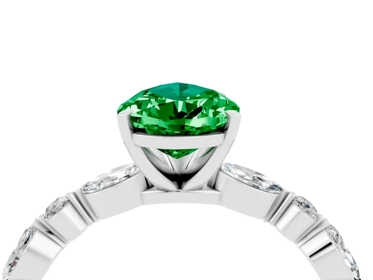 Pear Cut Emerald Ring with Marquise and Round Side Stones and Four-Prong Setting Silver