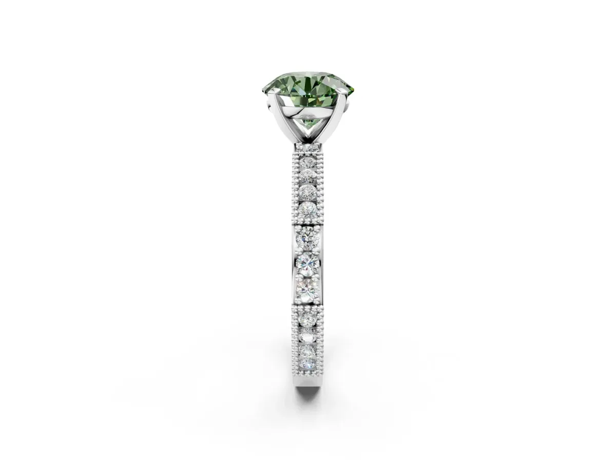 Fancy Green Round Cut Solitaire with Pavé Band and Four-Prong Setting Silver